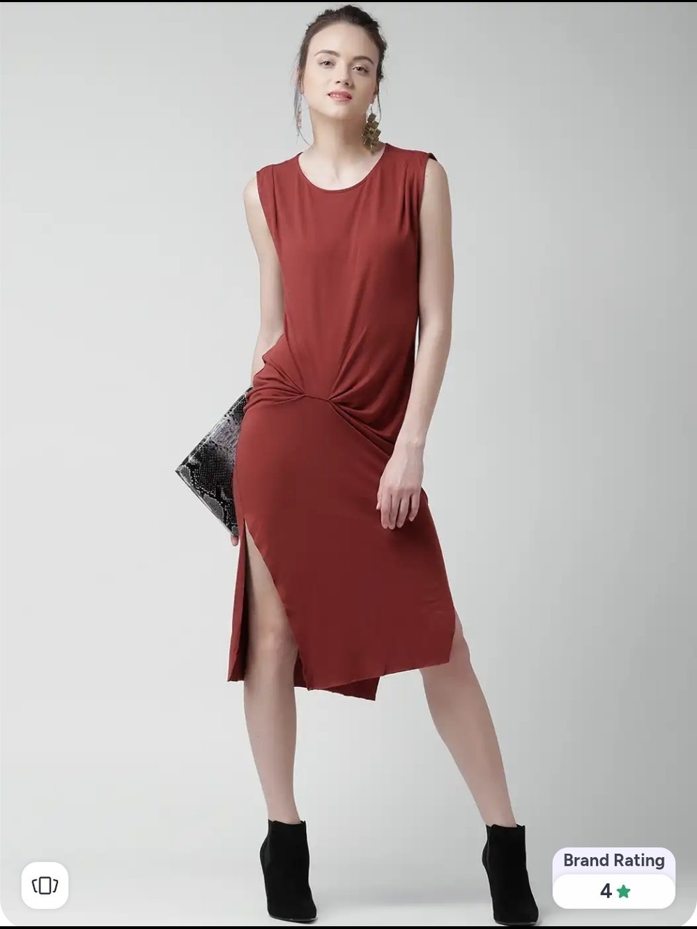 Sleeveless Twist-Front Midi Dress in Rust XS